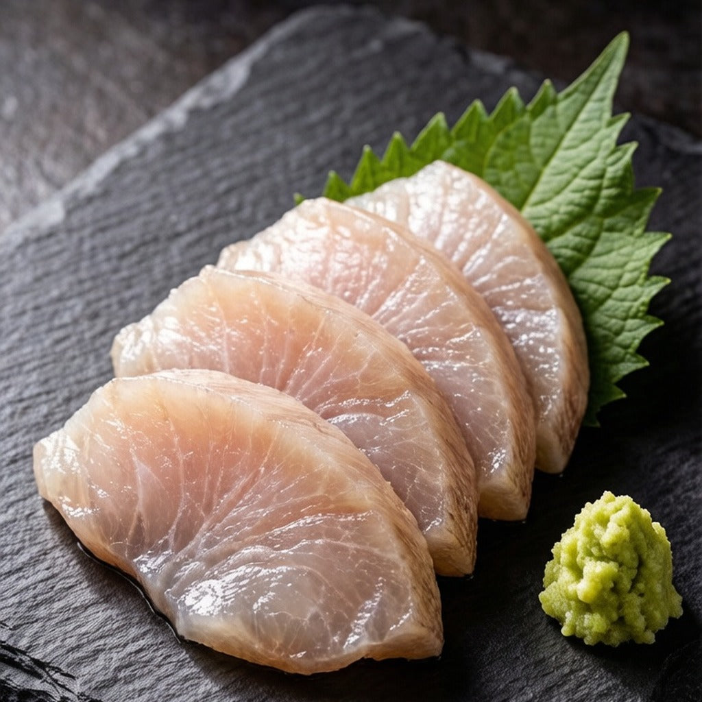Thin abalone sashimi slices with shiso leaf and wasabi