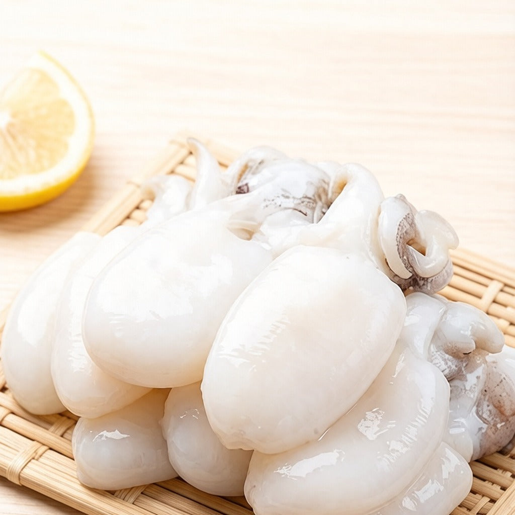 Cleaned baby cuttlefish piled on a bamboo mat with lemon