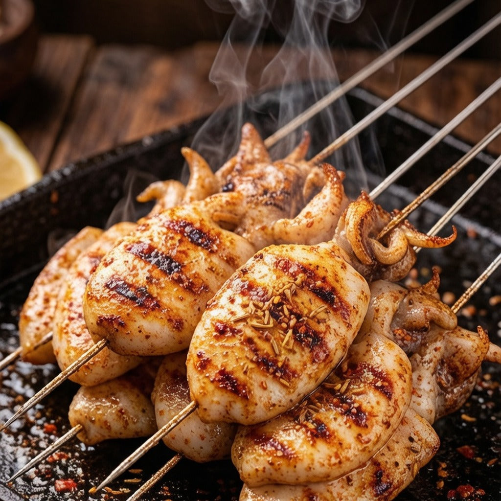 Grilled cuttlefish skewers seasoned with spice over a grill