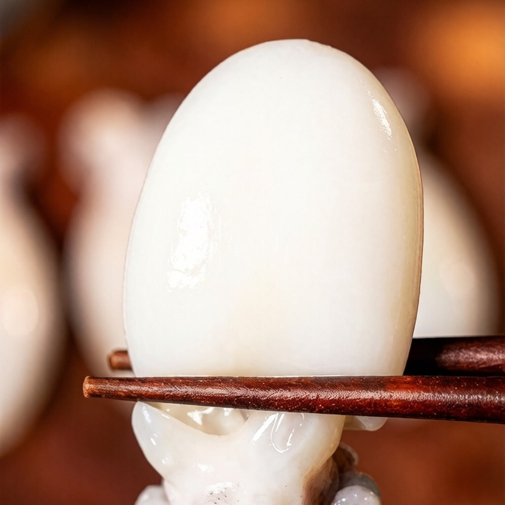 Single white baby cuttlefish held between chopsticks