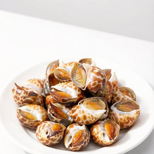 Raw spotted sea snails piled in a white bowl