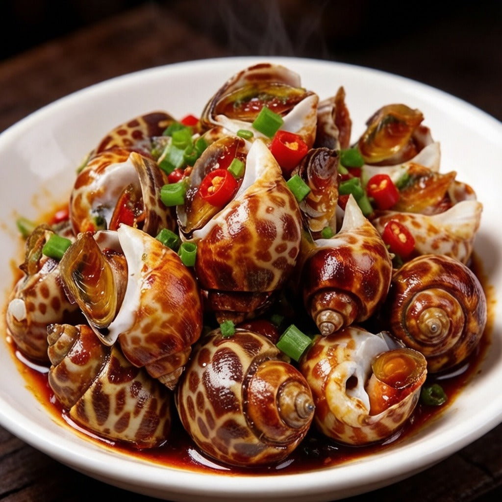Spicy stir-fried sea snails with chilli and spring onion