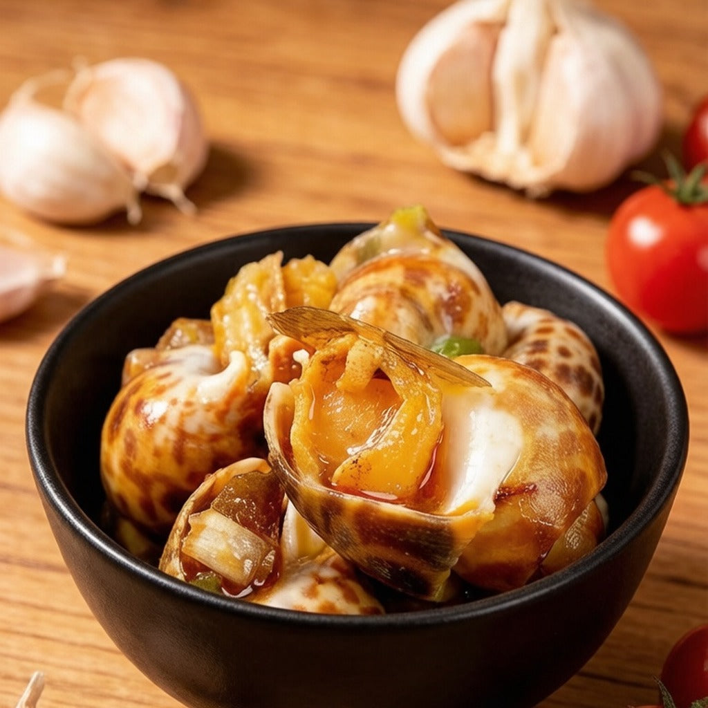 Steamed sea snails in a dark bowl with garlic and tomato