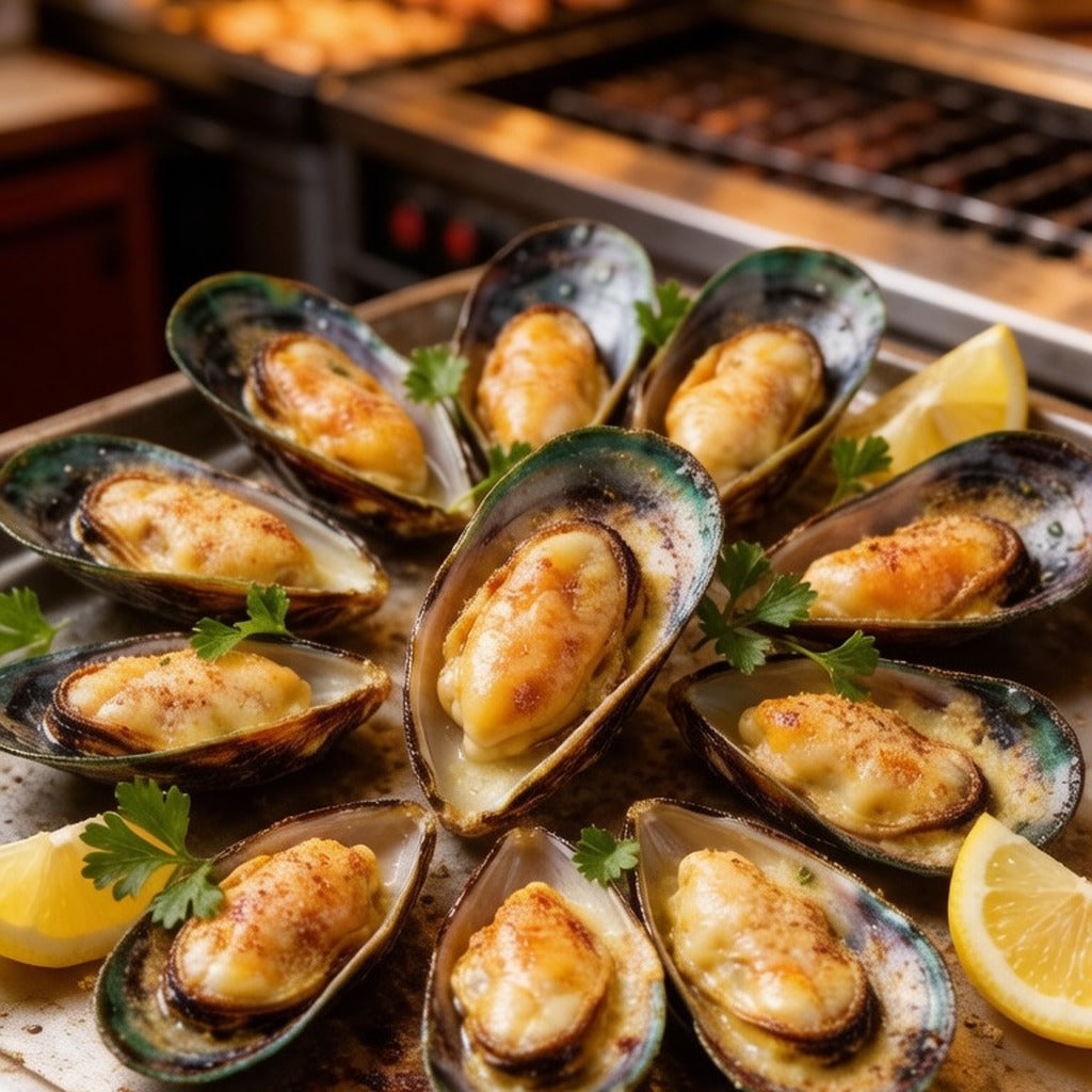 Grilled mussels topped with melted cheese on a wooden board