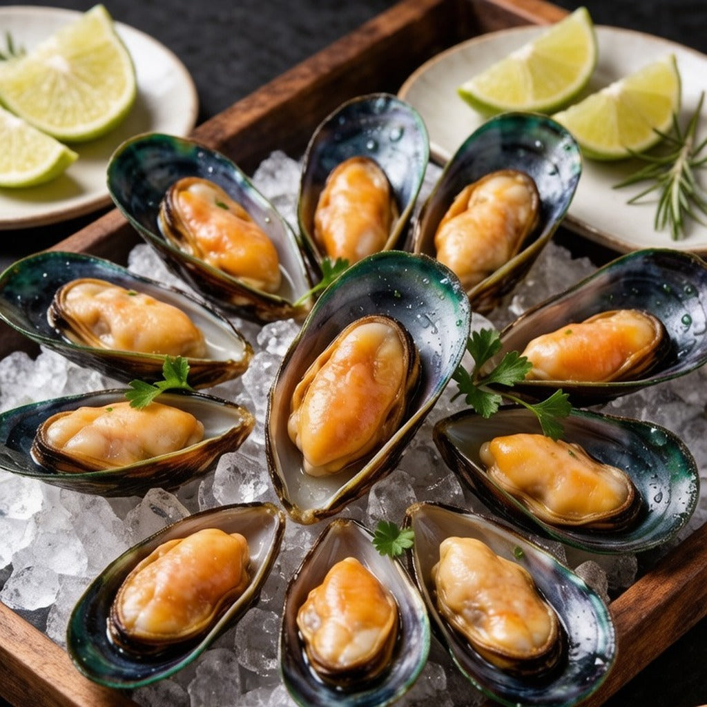 Half-shell mussels on crushed ice with lime and rosemary