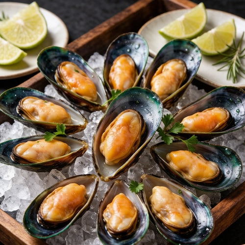 Half-shell mussels on crushed ice with lime and rosemary