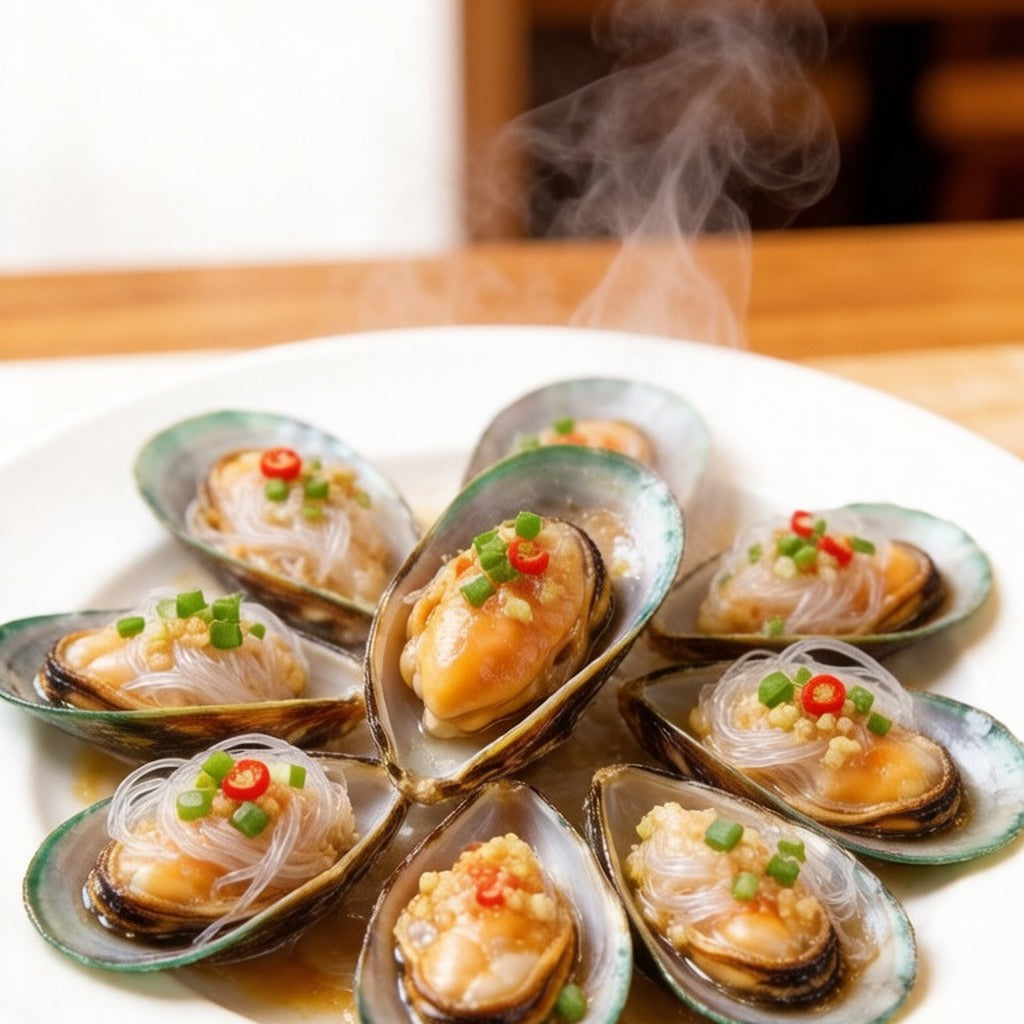 Steamed mussels with glass noodles, garlic and chilli