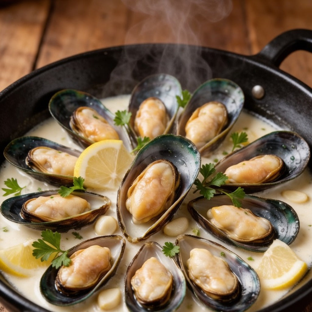 Mussels steaming in a white wine and garlic broth