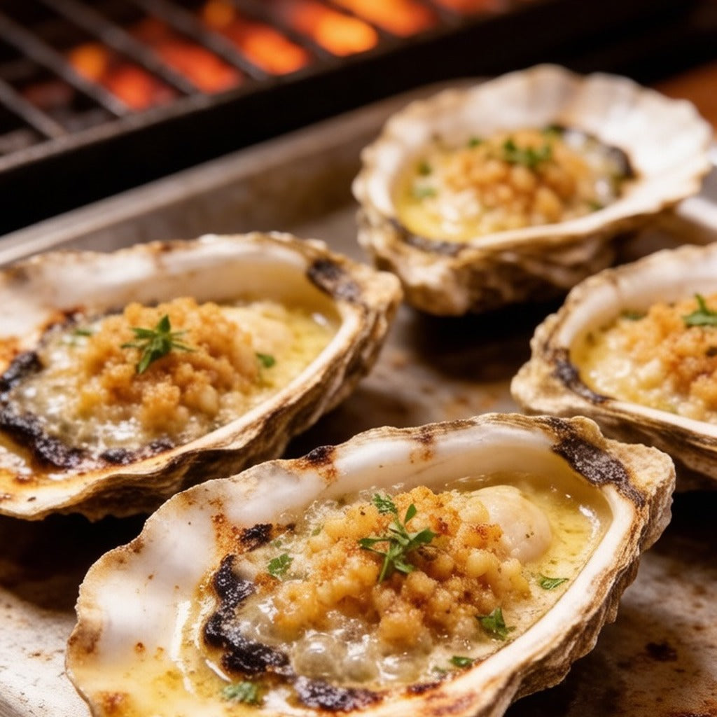 Garlic-grilled oysters on a baking tray over a glowing grill