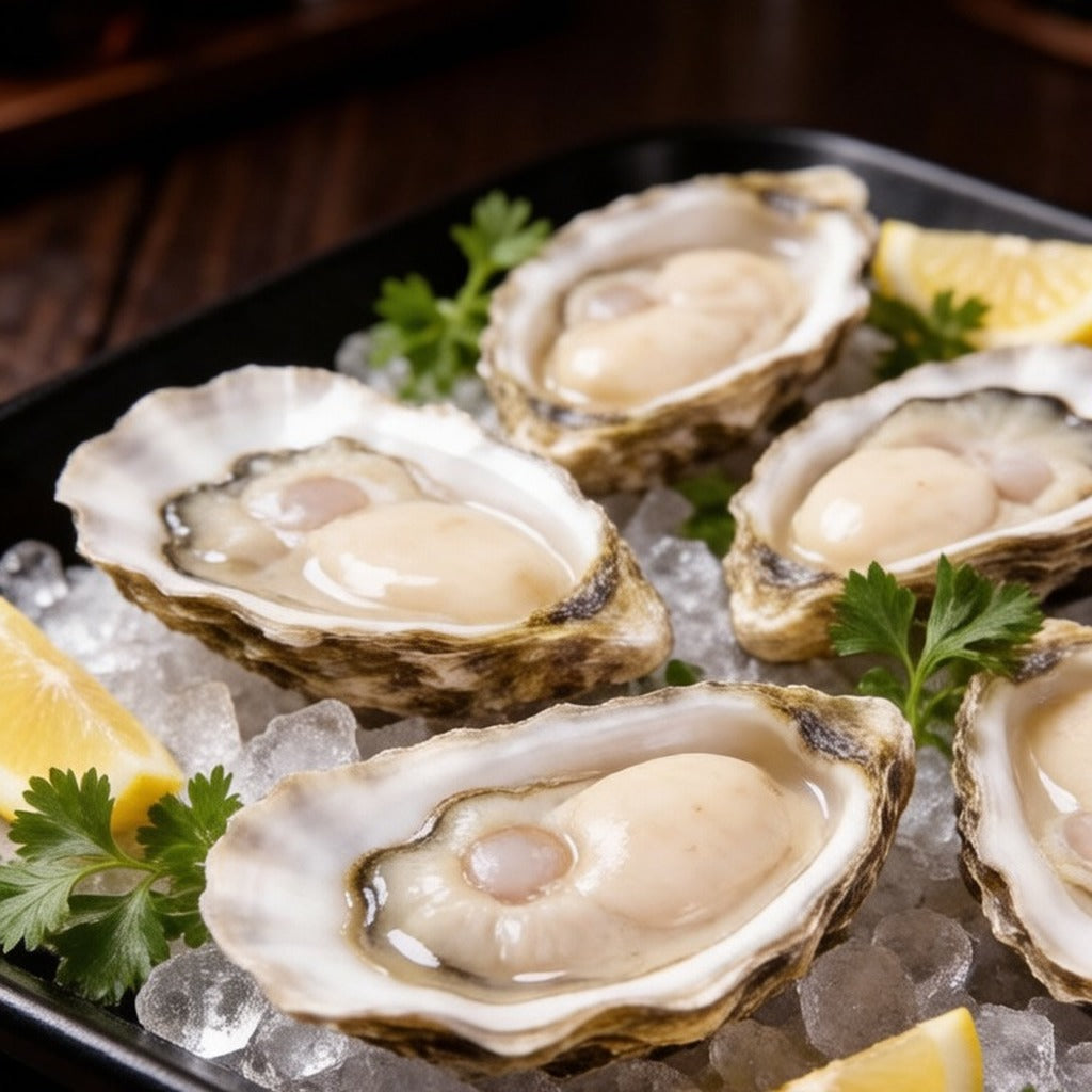 Raw half-shell oysters on crushed ice with lemon and parsley
