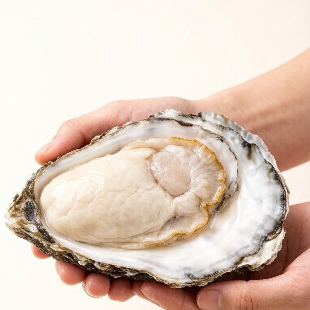 Hand holding a single jumbo oyster in its half shell