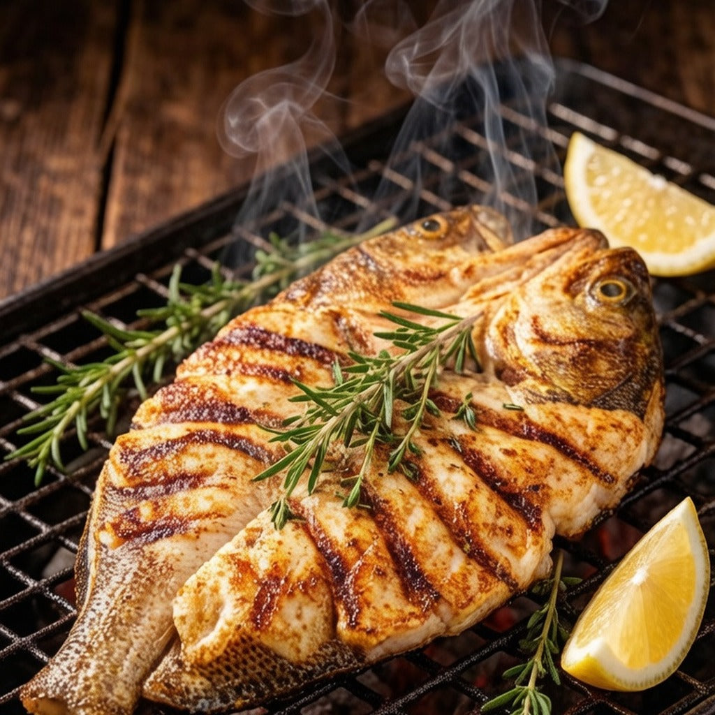Whole grilled sea bass with char marks, rosemary and lemon