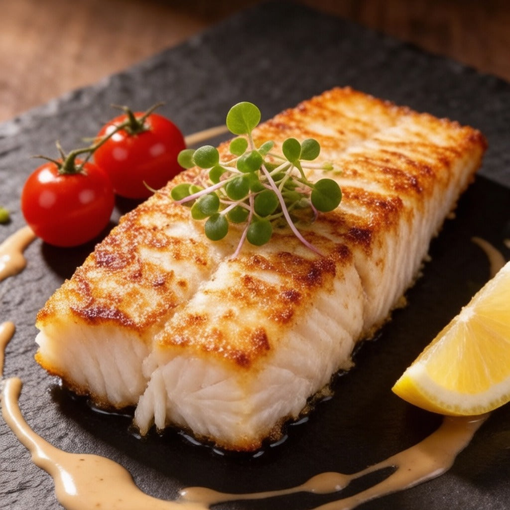 Pan-seared sea bass fillet with crisp skin and cherry tomatoes