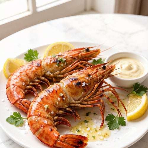 Grilled whole tiger prawns with lemon and dipping sauce