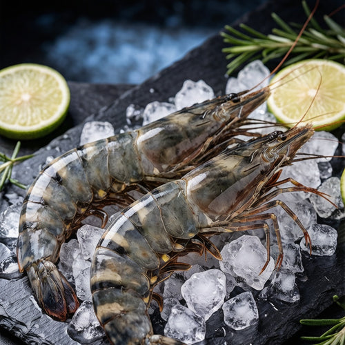 Raw tiger prawns on crushed ice with lime and rosemary