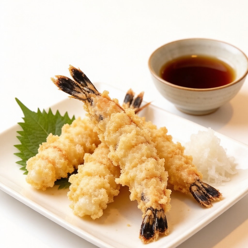Tiger prawn tempura with dipping sauce on a white plate