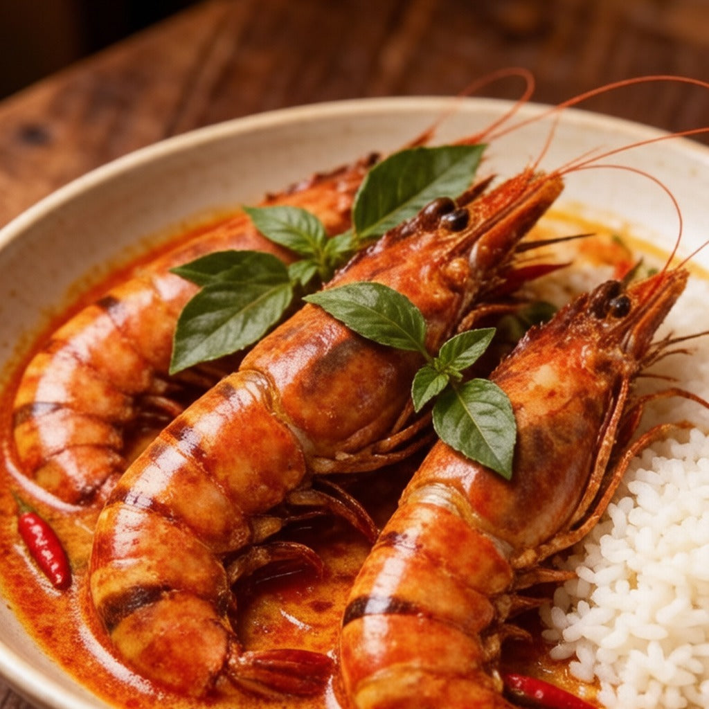 Tiger prawns in red Thai curry served with rice