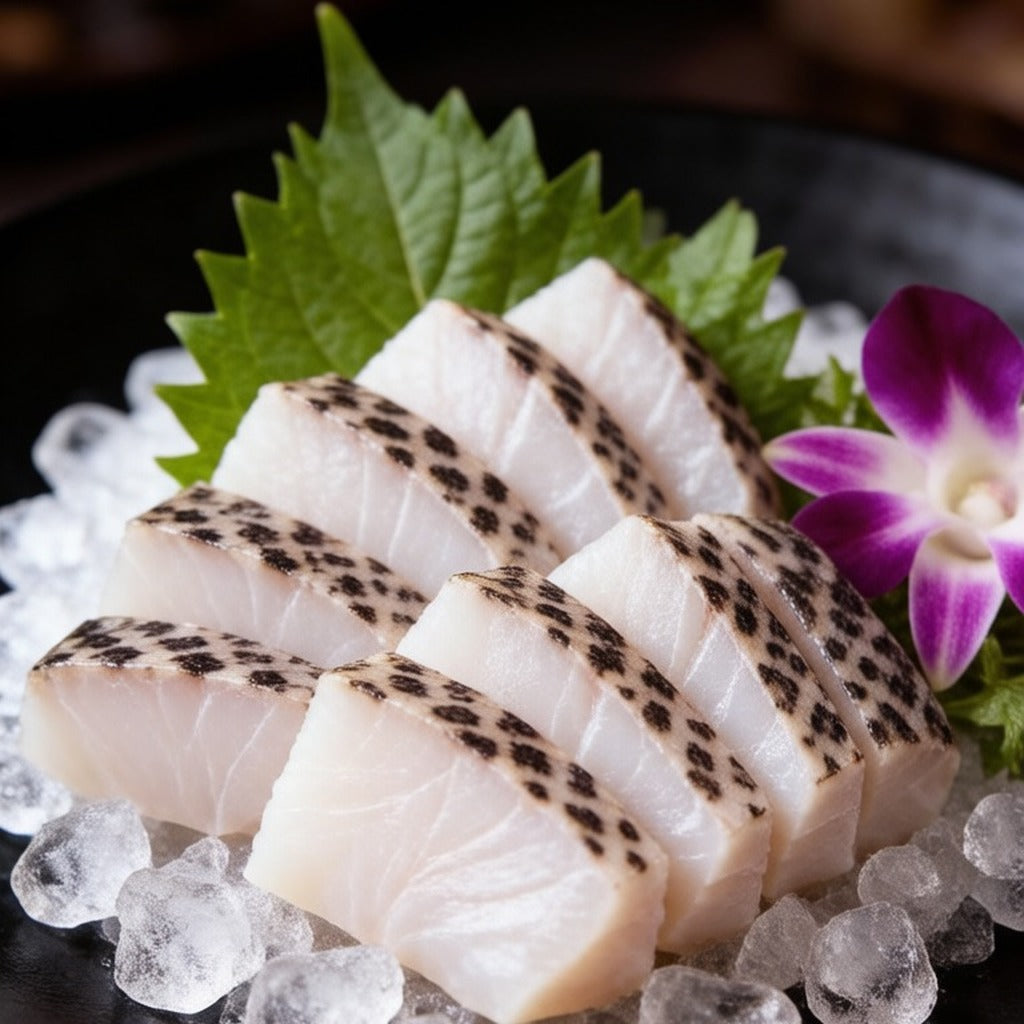 Grouper sashimi slices on ice with shiso leaf and an orchid